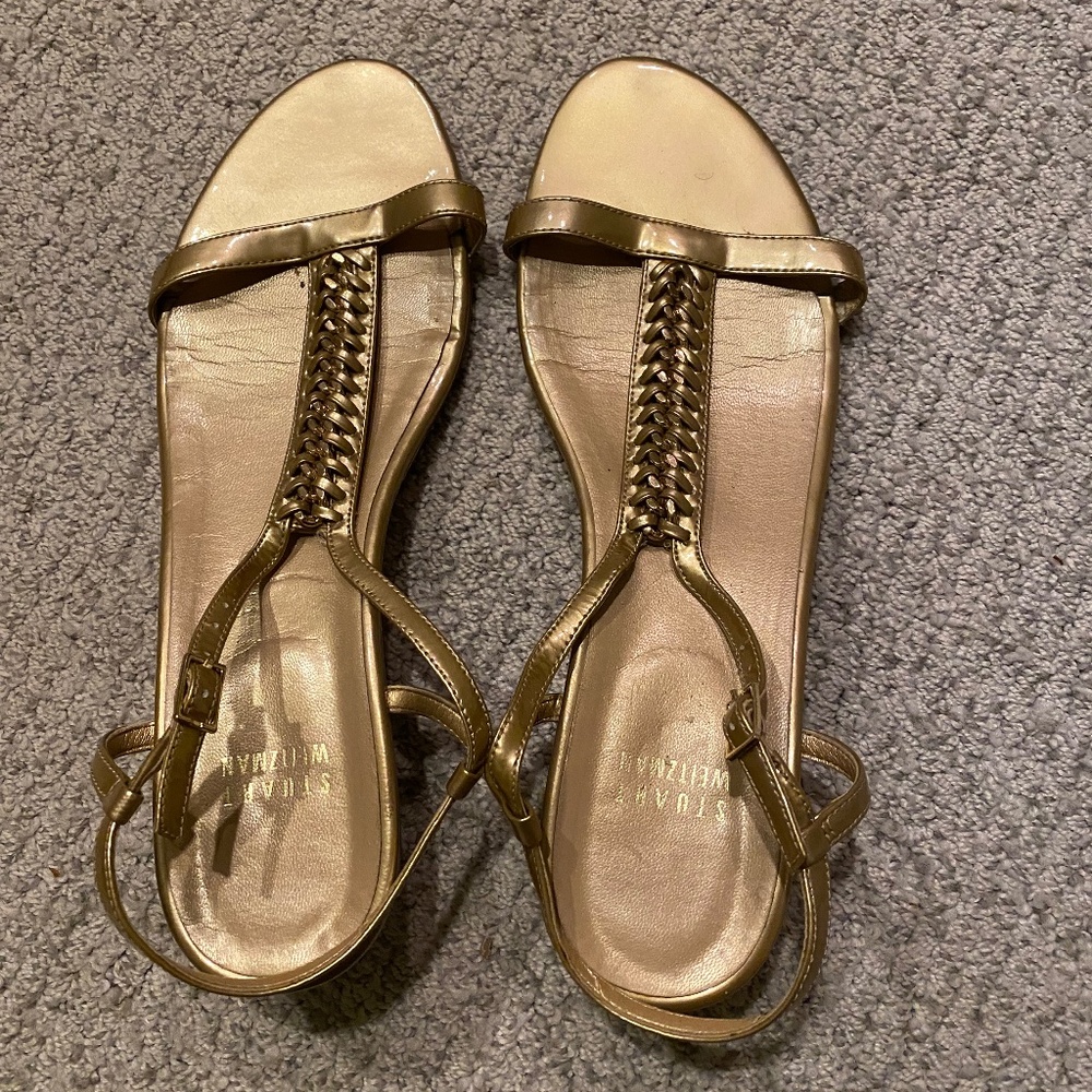Stuart Weitzman Metallic Gold Braided T-Strap Sandals – Size 8.5